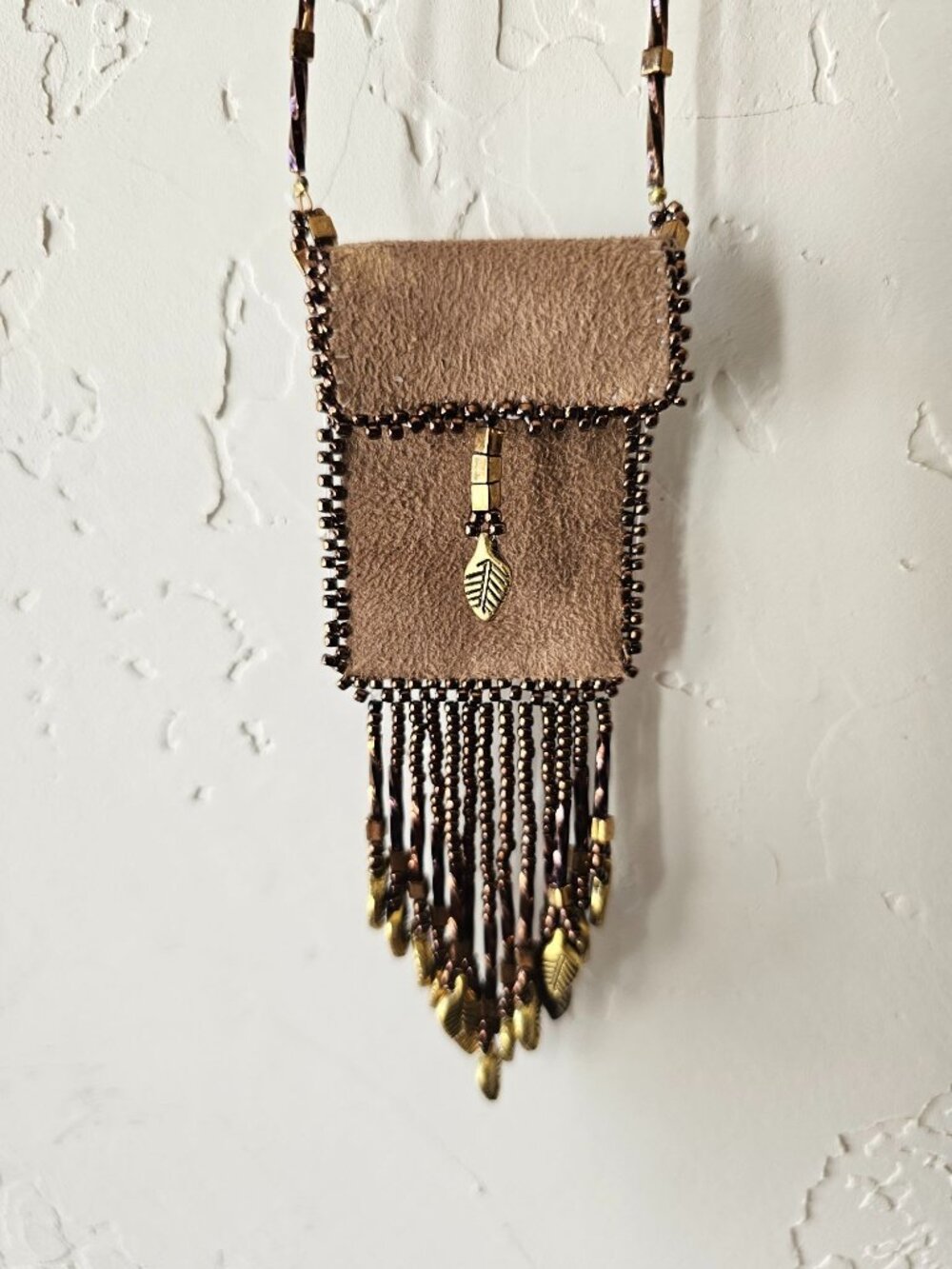 Handcrafted Suede Bag Necklace with Matching Earrings